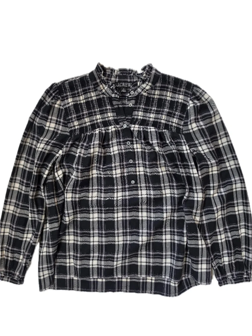 J.CREW Blouse Womens S‎ Black Tartan Plaid Mock Neck Long Sleeve Button Ruffle